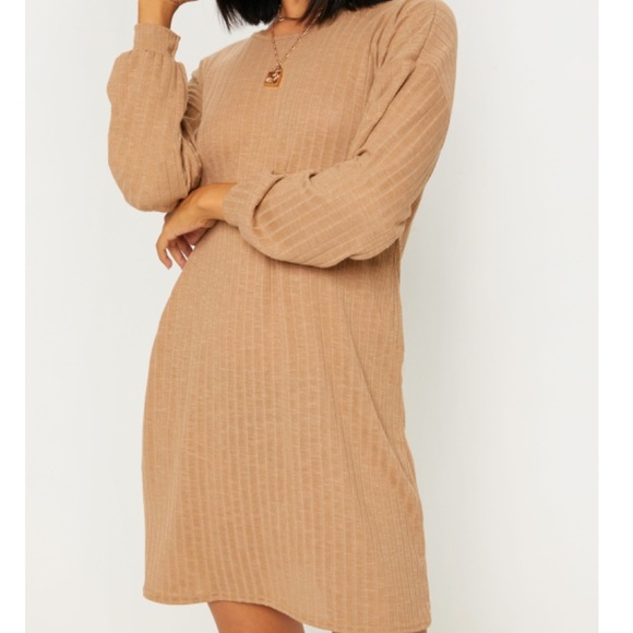 Tan long sleeve T-shirt dress - Picture 1 of 2